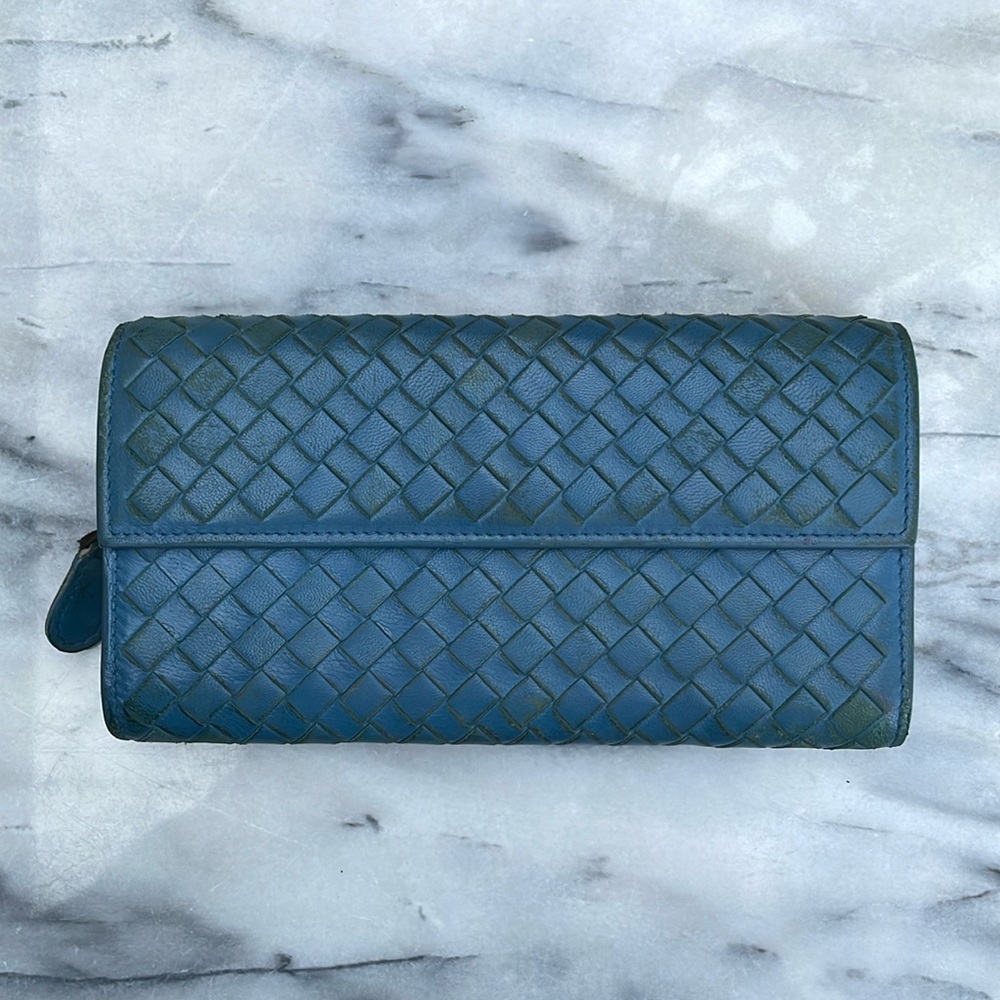 Blue Bottega Veneta woven leather long snap wallet w/ zipper pouch, casual vibe